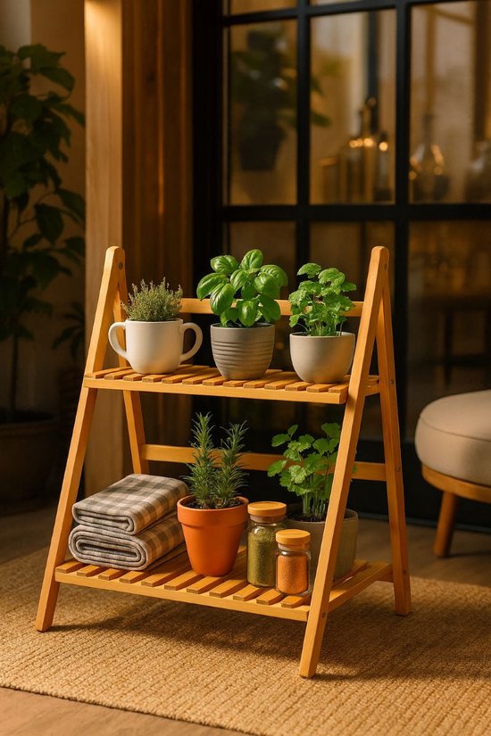 Ceruzo Plantenrek Bamboe – 2-Laags Plantenstandaard – 50x28x54 cm – Kruidenrek– Naturel