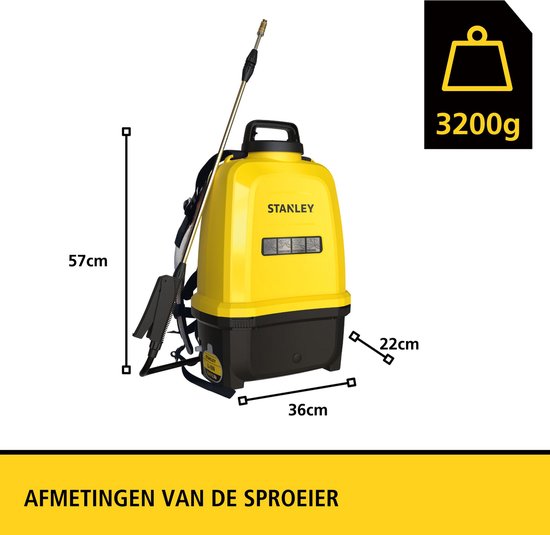 Stanley Druksproeier 16 L rug, rugsproeier tuin, drukspuit, elektrisch, heroplaadbare batterij lithium, telescopische lans, regelbare sproeikop, autonomie 2 h, max. 5 bar, 0.60 l/minuut, geel/zwart
