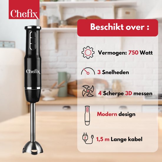 Chefix Staafmixer Set 4-in-1 – Staafmixers – Hakmolen Garde Klopper Maatbeker – 750 W – Zwart