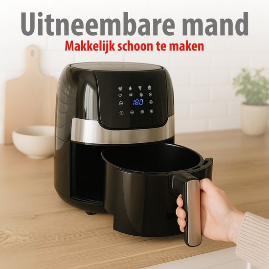 alpina Airfryer 4.5L- Heteluchtfriteuse voor 2 tot 4 Personen - Air Fryer met Instelbare Temperatuur van 80°C tot 200°C - Timer tot 60 Minuten - Hetelucht Friteuse 1400W - Zwart