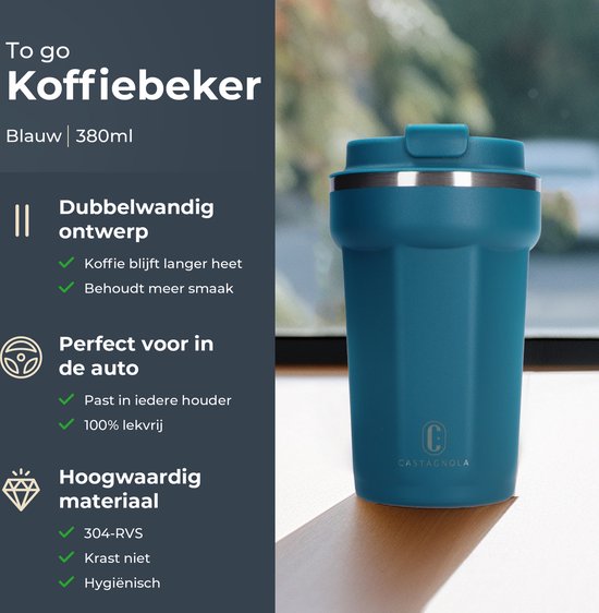 Castagnola Thermosbeker - Koffiebeker To Go - Travel Mug voor Koffie en Thee - Theebeker - 380 ML - RVS - Blauw - Octagon