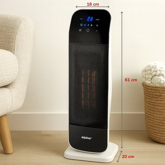 Alpina Keramische Ventilatorkachel KPT-2402D – Voorzien Van Timerfunctie En Luxe Afstandsbediening En Automatische Zwenkfunctie – Voor Slaapkamer En Werkkamer – Zwart En Wit Kunststof – 2000W