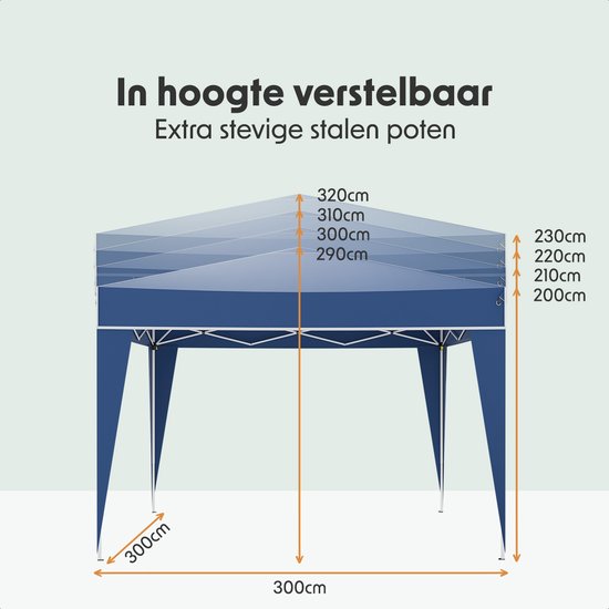 LifeGoods Partytent - Paviljoen - Easy Up - Opvouwbaar - Waterdicht - Met Draagtas - 300 x 300 cm – Blauw