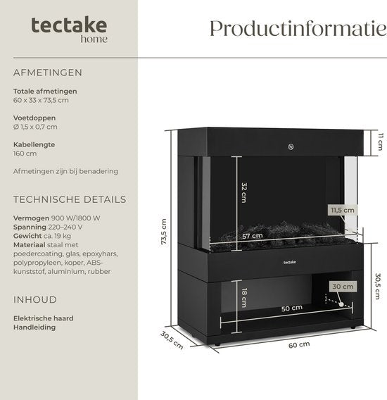 tectake® Elektrische Haard - Sfeerhaard - 900W & 1800W - Vrijstaand - Kachel - met Verwarming - Haarden - met Hout en Gloeieffecten - 3D Vlammen - Timer