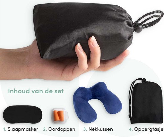 Opblaasbaar Nekkussen set 3 in 1 met Opbergtasje - Vliegtuig Kussen - Reiskussentje - Fluweel - U-Vorm – Inclusief slaapmasker en oordoppen – Blauw