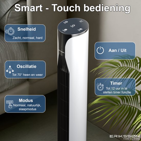 Erikssøn Torenventilator - Silent Comfort Series - Staande Ventilator met Afstandsbediening - Timer - 55W - 39 dB - 106cm - Wit