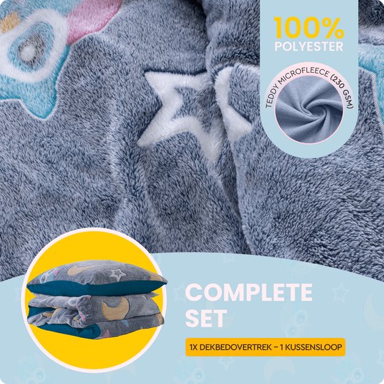 Sleeptime Glow in the dark Nachtuil Dekbedovertrek - 140X200/220 + 1 x kussensloop 60x70 - Blauw