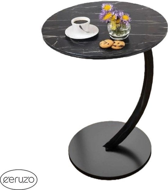 Ceruzo Bijzettafel - Zwart gemarmerd blad - Rond 40 cm - Hoog 60 cm -Banktafel- C Shape