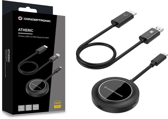 Conceptronic ATHERIC01B - Draadloze Beeldschermadapter - Draadloze USB-C naar HDMI beeldschermset 1080P - HDMI/USB - Volledige HD Dongle