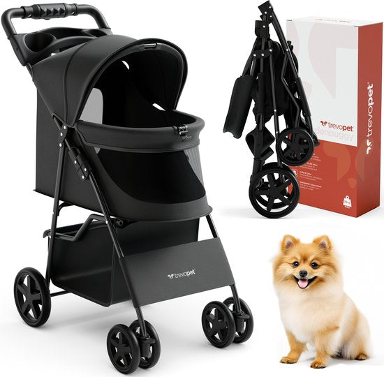 TrevoPet® Inklapbare Hondenbuggy - Voor Kleine en Middelgrote Honden tot 15 kg - Wandelwagen met Bekerhouder & Grote Opbergmand - Zwart