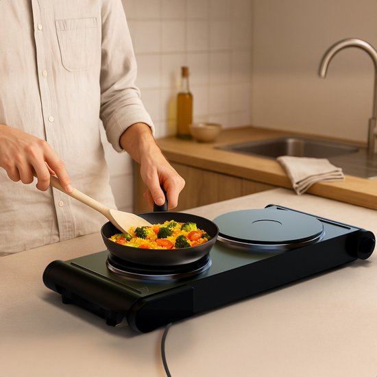 KitchenBrothers Elektrische Kookplaat - 2 Pits - Vrijstaand - 7 temperatuurstanden - 1500W + 1000W - Zwart