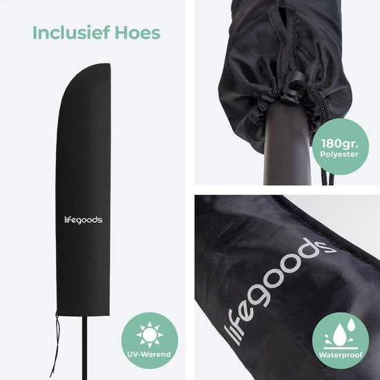 LifeGoods Zweefparasol - tot 8 Personen - Ø300cm - Waterdicht - met Hoes en Kruisvoet - Tuin of Strand - Donkergrijs