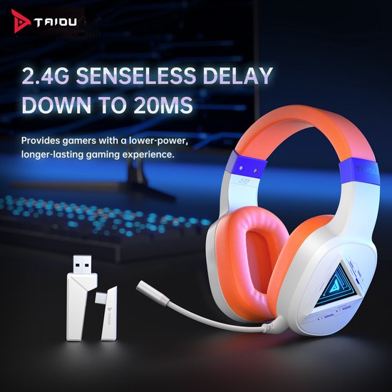 TAIDU THS320Pro - 2.4GHz Draadloze Gaming Headset - Bluetooth koptelefoon - met microfoon - Geschikt voor PS4/PS5, Nintendo Switch - Multiplatform - Wit Oranje
