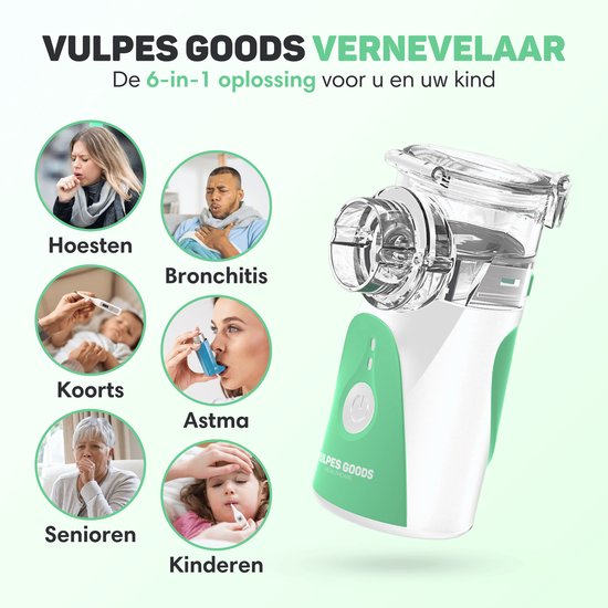 Vulpes Goods® HealthCare - Aerosoltoestel - Ultrasone Vernevelaar Inhalator – Nebulizer - Inhalatieapparaat voor Kinderen, Volwassenen & Baby’s – Helpt tegen Luchtwegaandoeningen - Incl. 3 mondstukken & luxe reistas