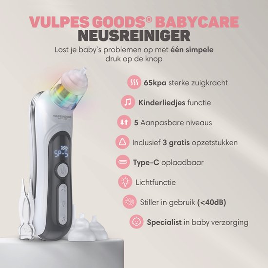 Vulpes Goods® BabyCare - Baby Neusreiniger - Baby Neusreiniger Elektrisch - Neusdouche Elektrisch - Neusreiniger - Snoetenpoetser - Neuszuiger - Grote Batterij - USB C - PRO