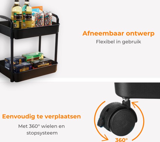 Posity Keukentrolley op wieltjes – Serveerwagen / Opbergtrolley / Keukenrek / Trolley Keuken – Verrijdbaar en Vast – 3 Lagen – Kunststof – Zwart