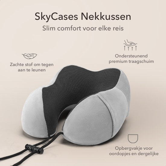 SC Travel Essentials - Nekkussen Set 3-delig - Ergonomisch Memory Foam Reiskussen met Oogmasker en Oordoppen - Ideaal voor Vliegtuig, Auto en Trein - Compact en Luxe - Lichtgrijs