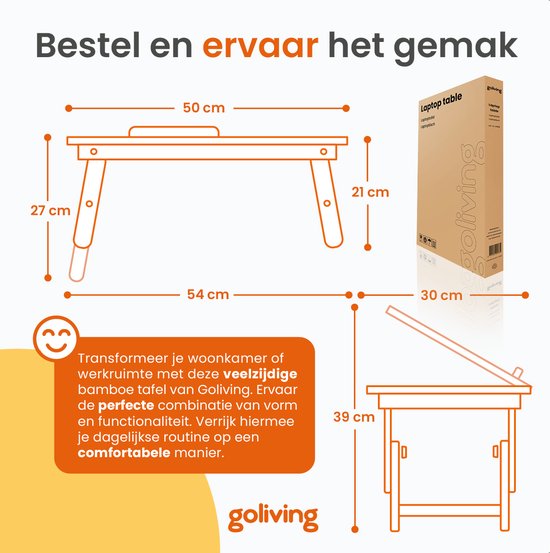 Goliving Laptoptafel - Uitklapbaar tot 39 cm Hoog - Verstelbaar & Opvouwbaar Werkblad - Ergonomische Laptop Tafel - Banktafel - Bedtafel - Laptopstandaard - Hout