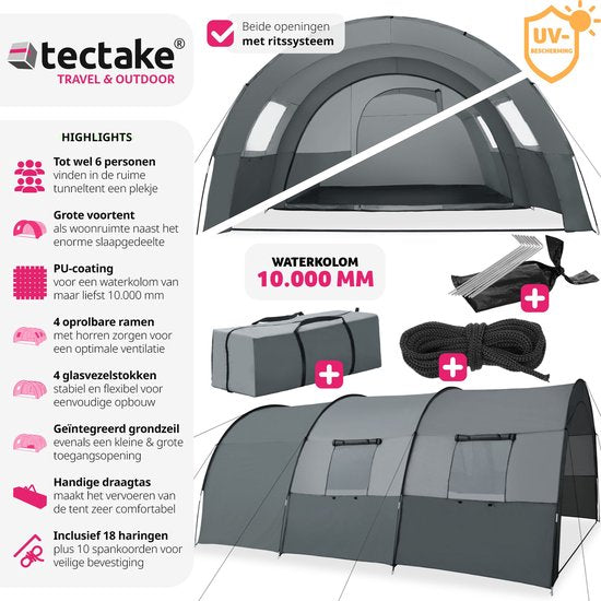 tectake® - Tunneltent voor 6 personen - Familietent op stahoogte - Voortent - Campingtent grote slaapcabine met grondzeil - 4 ramen, waterafstotend, 480 x 350 x 195 cm, donkergrijs/lichtgrijs