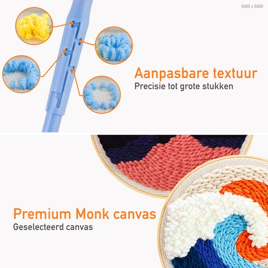 Happy Goods Punch Needle pakket 2 designs ZEEZICHT - Borduurringen met Borduurnaalden en Borduurgaren - 18 kleuren set – Compleet creatief hobby voorbedrukte borduurpakket voor volwassenen - hobby
