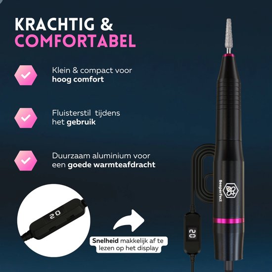Beeperfect® Elektrische Nagelvijl - Nagelfrees - Manicure en Pedicure set - 12 Bitjes en 60 Schuurrolletjes - 4 Extra accessoires - Zwart
