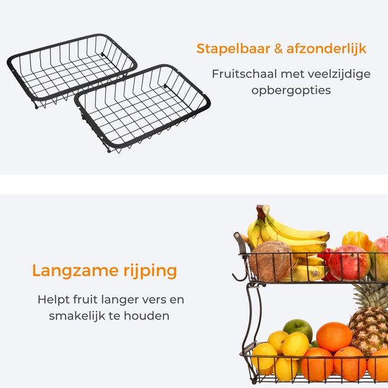 Posity Fruitschaal 2 Laags - Fruitmand - Fruit Etagere - Groentemand - Draadmand - Met bananenhouder - Hout & Metaal - Zwart