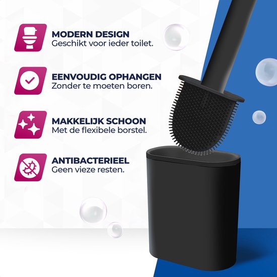Roegaarden WC Borstel met Houder – Toiletborstel – Siliconen – Vrijstaand En Hangend – Zwart Geheel