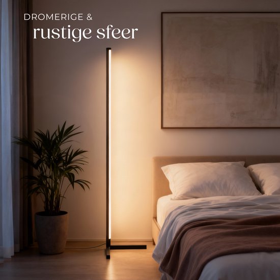 tectake® Slimme LED Vloerlamp Spectra - Hoeklamp met 16 miljoen Kleuren - 200 Lichteffecten - Staande Smart Lamp - 145 cm - Dimbaar - Bediening met App, Afstandsbediening, Knop en Spraak - Woonkamer Vloer Lamp - Sfeerverlichting