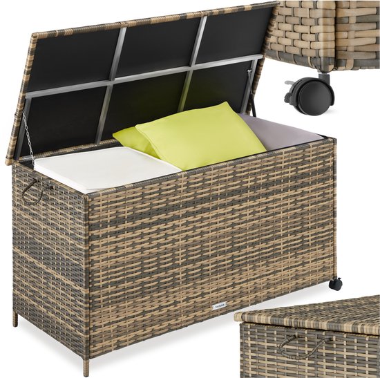 tectake® Wicker Opbergbox - 253 L - Kussenbox voor Buiten - Tuinbox - 116 x 54 x 64 cm - Weerbestendig en Afsluitbaar met Deksel - Verrijdbaar - Inclusief 2 Handgrepen, 2 Wielen met Rem en Gasveren - Tuinkist - Beige