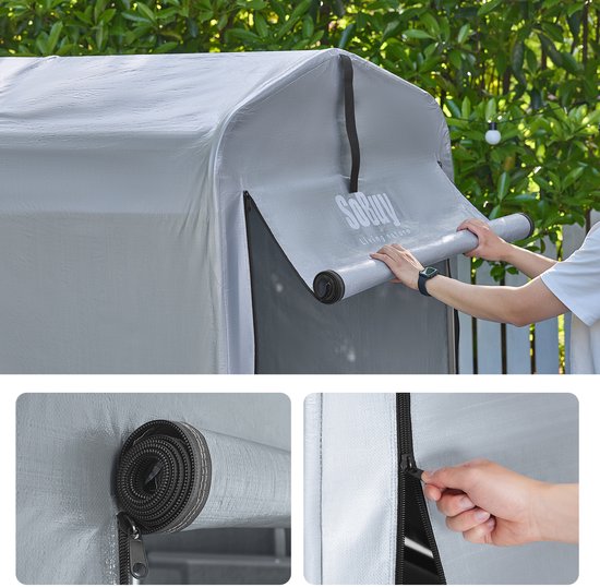 SoBuy Tuinschuur, Multifunctionele tuinhuis voor Fiets en Gereedschap, Fietsschuur, Waterdichte Garage voor buiten, Zilver, 120x176x163 cm, KLS11-K