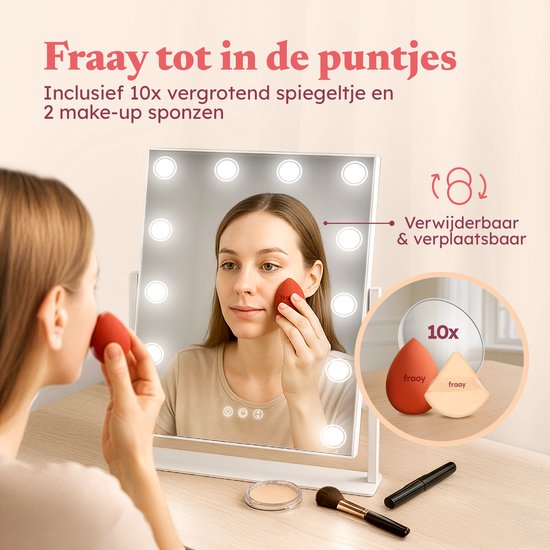 Fraay® Hollywood Spiegel met Verlichting 41x30cm - 3 Lichtstanden - Make Up Spiegel met 10x Vergrootspiegel - LED Spots Verlichting Dimbaar - Incl. Beauty Blenders en Powder puff
