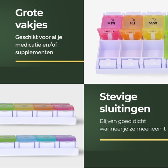Gandria Pillendoos 7 Dagen - Pillendoosje - Pillendoosjes met 14 Compartimenten - Medicijndoos met Stevige Sluiting - Grote vakken - Verschillende kleuren