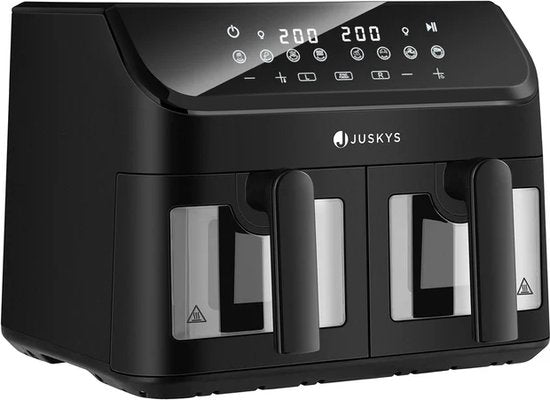 Juskys – Heteluchtfritteuse Dual Zone – 9 l – Voorzien Van 2 Kamers En Smart Finish Functie – Voor Gezond Bakken En Frituren – Zwart Kunststof En Staalplaat