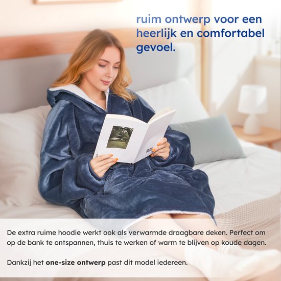 Hoodie Deken – Verwarmd – 3 Standen – Snuggle Hoodie – Verwarmde Hoodie – Snuggle – 10k mAh Accu – One Size – Blauw – Saaf Comfort