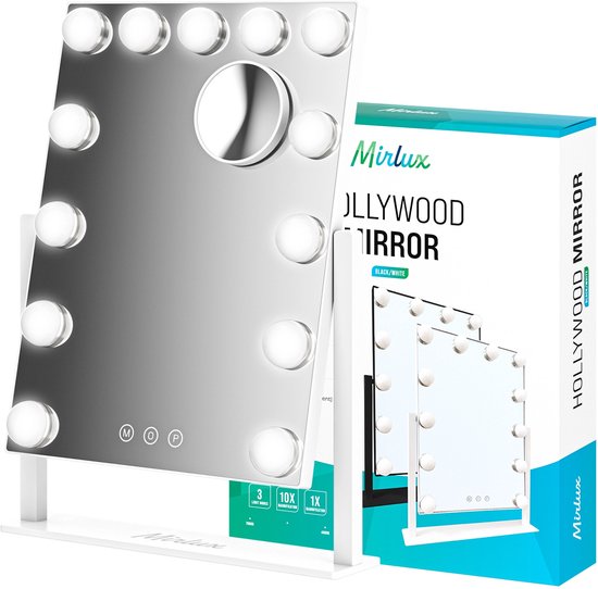 Mirlux Make Up Hollywood Spiegel met Verlichting (44x30cm) - Visagie - Dimbaar LED Lampen Licht - 13 Lampen - Wit