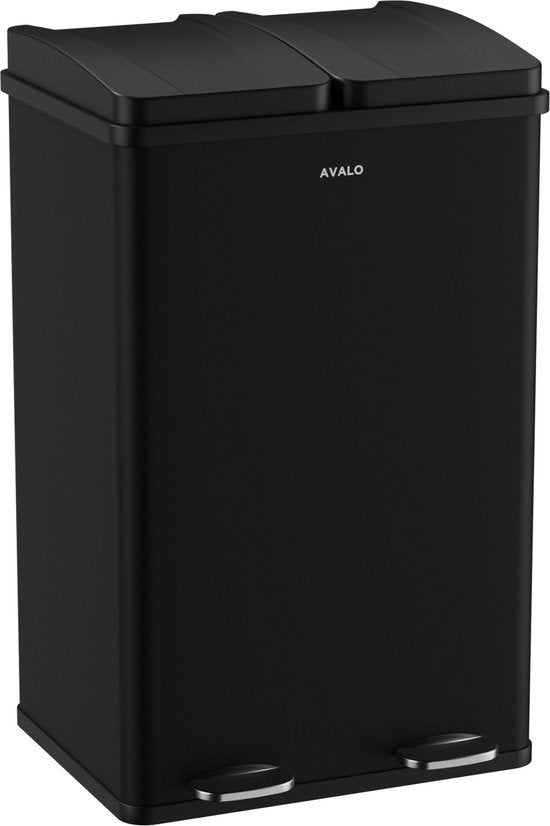 Avalo - Prullenbak Afvalscheiding - 60 Liter - RVS - Zwart - 2 Vakken - 47x38x71 cm