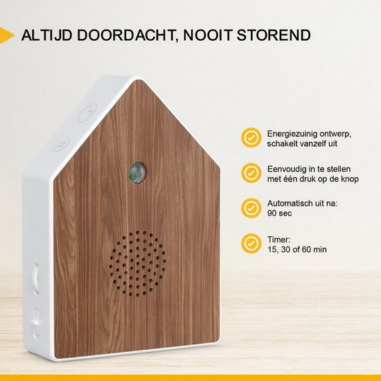 UPLY Vogelhuisje Met Geluid -Vogelgeluiden Huisje Met Sensor - 5 Natuurgeluiden Voor op Toilet/Wc - Bewegingsmelder - Zwitscherbox - Cadeau - Incl. Bevestiging - Wit - Eik