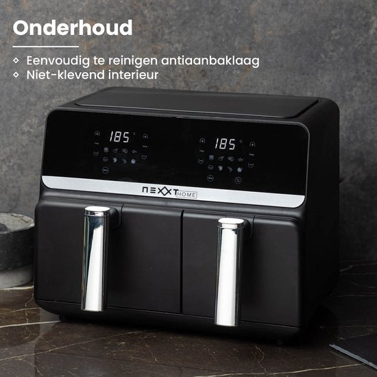 Nexxt Digitale Dubbele Airfryer XXL - Heteluchtfriteuse met Touchscreen – Inhoud 5,5 + 3,5 Liter – 8 Kookprogramma's - Zwart