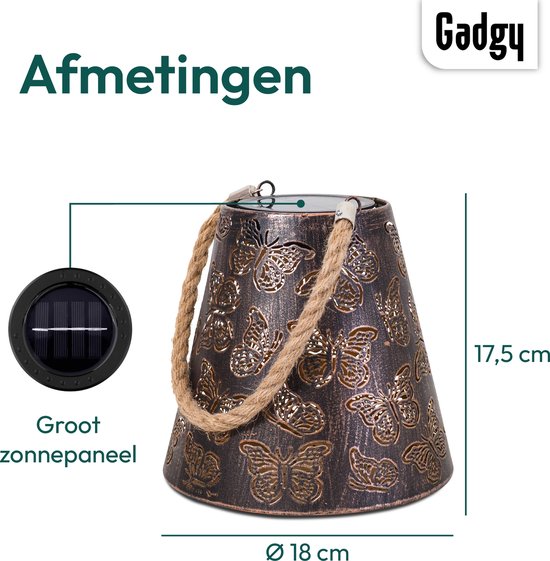 Gadgy Solar Tuinverlichting Vlinders - Tuinverlichting Led Buiten ophangen - Solar Buitenlamp Zonne Energie met Schaduweffecten - Solar Lamp Tuin, Terras & Balkon - Lantaarn voor Buiten - Lantaarn Windlicht op Zonneenergie - Brons / Goud