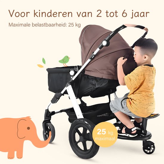 Safari meerijdplankje - Single Wheel - Voor Horizontale As minstens 23 cm - Diameter max. 2,5 cm - Zwart Kunststof & Metaal - Wendbaar & Universeel - Ideaal voor Peuters