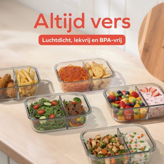 KitchenBrothers Meal Prep Bakjes Set - Met Scheiding - Glazen Vershoudbakjes - Twee Compartimenten - Luchtdicht - BPA Vrij - Diepvriesbakjes - Bewaarbakjes - 5L - Glas - 5 Stuks