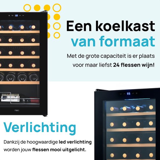 MOA Wijnkoelkast voor 24 Flessen - Wijnklimaatkast Vrijstaand met 1 Temperatuurzone - Wijnkoeler - Instelbaar tussen 12°C en 18°C - Inbouw - Zwart