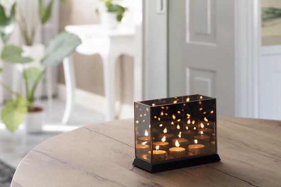Liva Living – Magic Cube Sfeerlichthouder – 3 Kaarsen & 20 x 9 x 15 cm – Voorzien Van Tinted Mirror Glass En Oneindig Reflectie-effect – Voor Binnen En Buiten – Zwart Glas En Mdf
