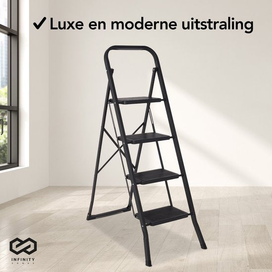 Infinity Goods Stevige Huishoudtrap 4 Treden - Keukentrap Inklapbaar - Anti-Slip - Trap Ladder - Opvouwbaar - Metaal - Zwart