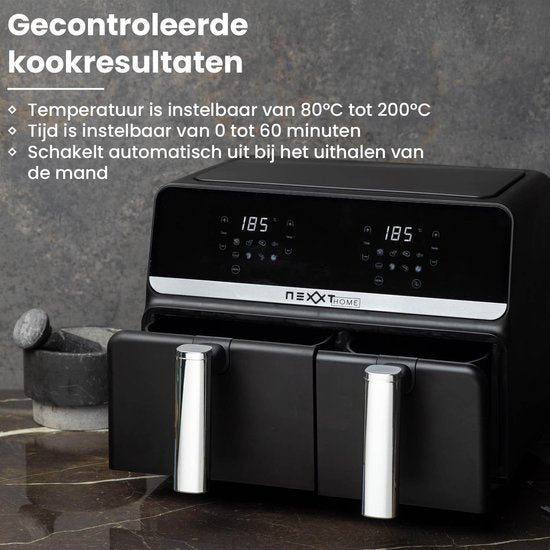 Nexxt Digitale Dubbele Airfryer XXL - Heteluchtfriteuse met Touchscreen – Inhoud 5,5 + 3,5 Liter – 8 Kookprogramma's - Zwart