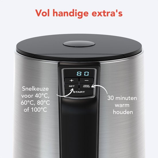 KitchenBrothers Waterkoker - Elektrisch - 1,5L - 2200W - Instelbare Temperatuurregeling - Dubbelwandig - Waterkoker RVS - Zilver