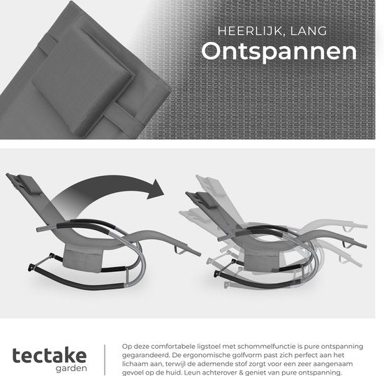 tectake® Ligstoel Taya - Ergonomisch Ligbed voor Tuin, Terras, Balkon - Relaxstoel met Schommelfunctie - Tuinstoel met Comfortabele Armleuningen, Hoofdsteun en Opbergvak - Weerbestendig en Waterafstotend - 120kg Draagkracht - Grijs