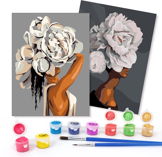 Rubye® Schilderen Op Nummer Volwassenen – Bloemenhoofd – Inclusief Verf en Penselen – Canvas Schildersdoek - Kleuren op Nummer - Dubbele Set - 15x20cm