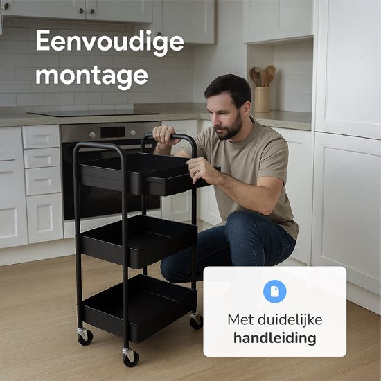 Keuken trolley met lade op Wieltjes - 3 laags - Keukenrek - Serveerwagen - Kastje - Karretje - Opberg - Douche kastjes staand - Rekje - Zwart - Luft