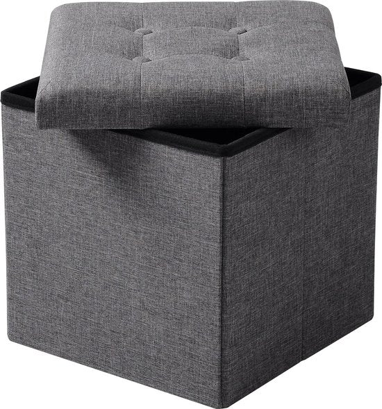 WOLTU Poef voetenbank met deksel in Linnen,Opbergkruk opvouwbare 37,5x37,5x38cm,Donkergrijs